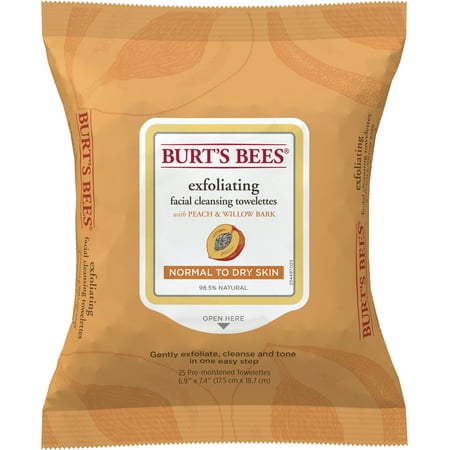 Burt's Bees Facial Cleansing Towelettes for Normal to Dry Skin, Peach and Willow Bark, 25