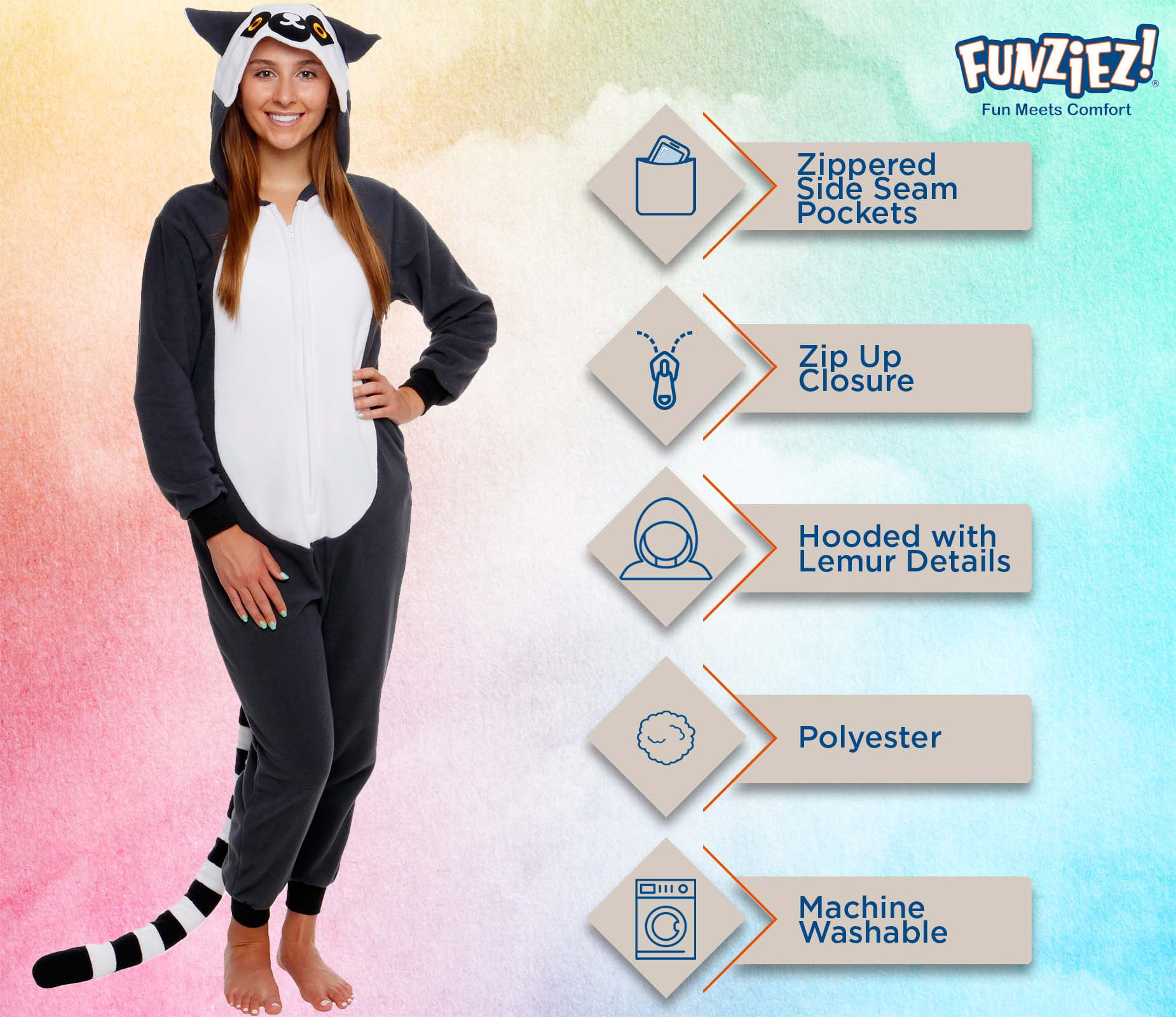 FUNZIEZ One Piece Cosplay Slim Fit Animal Pajamas Adult Lemur Costume