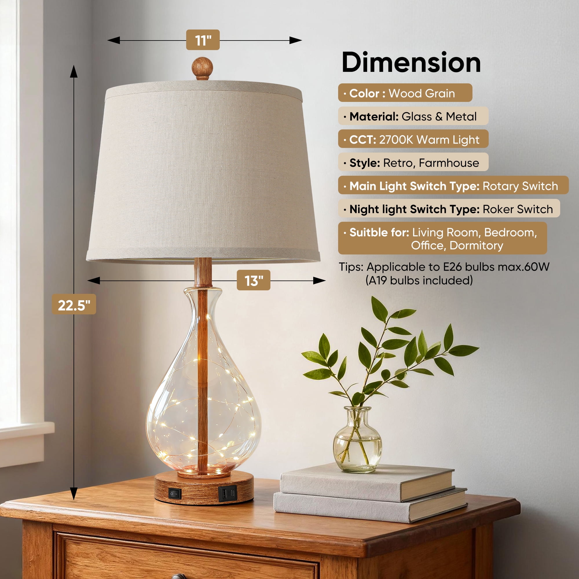 Farmhouse Table Lamps Set of 2 with Night Light, Mid Century Modern Bedside Lamps for Living Room, Glass Nightstand Lamp with USB A+C Ports, Rustic Vintage Table Lamp for Bedroom