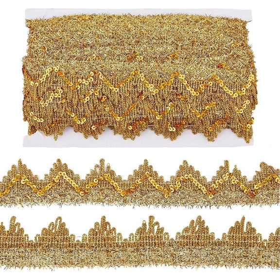 13M Sequin Polyester Wavy Lace Ribbon for Garment Accessories Gold 1-5/8 inch(40mm) about 14.22 Yards(13m)/Card