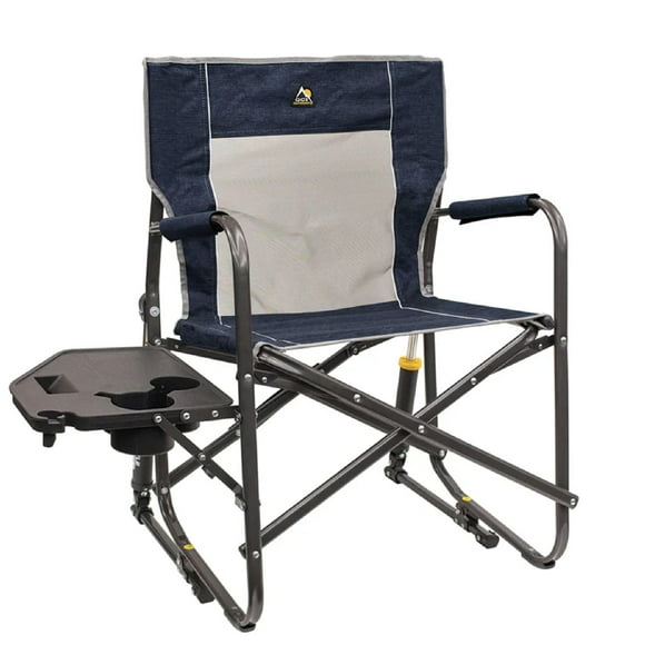 GCI OUTDOOR Freestyle Rocker with Side Table Camping Chair | Portable Folding Rocking Chair with Solid, Durable Armrests, Drink Holder & Comfortable Backrest â€” Heathered Indigo