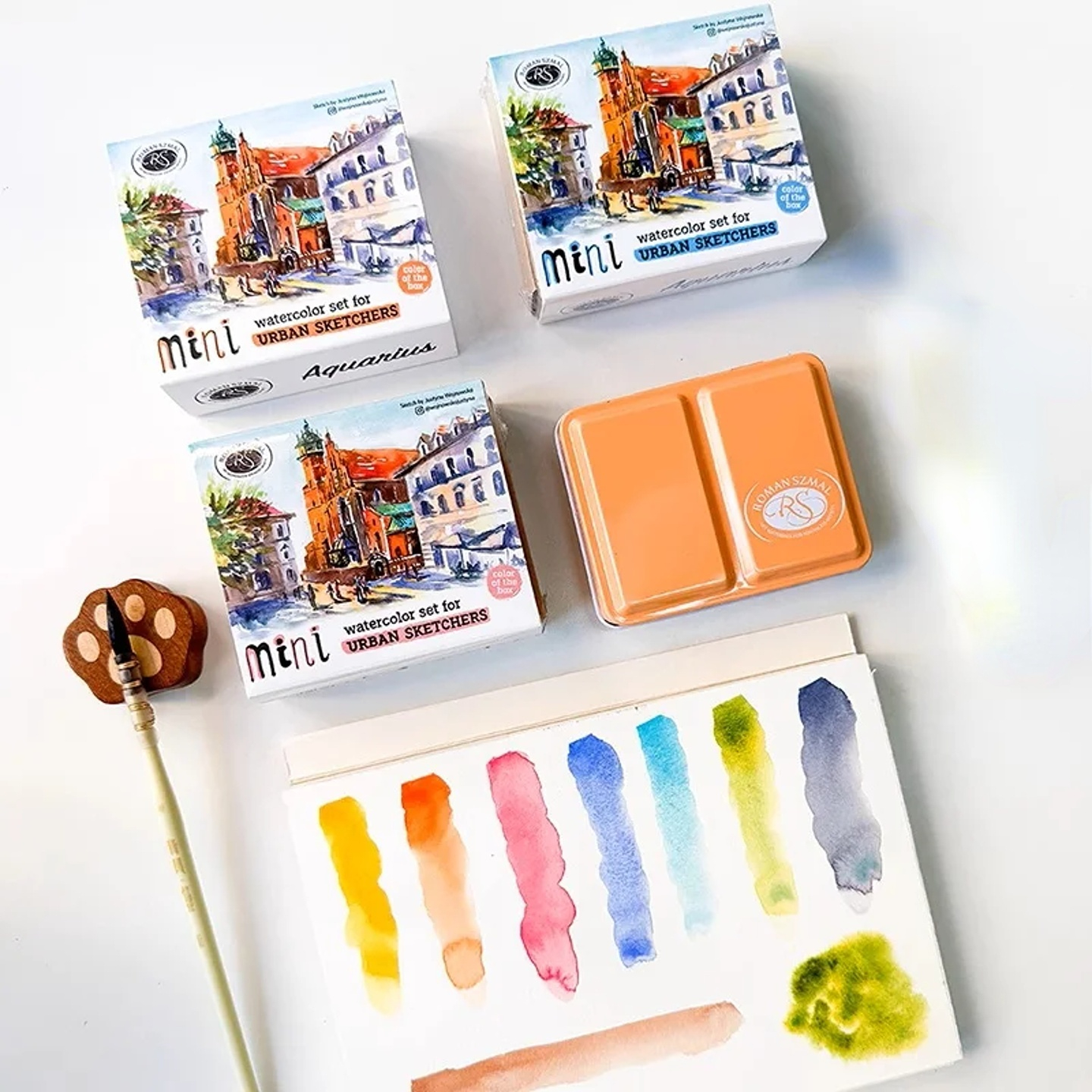 Roman Szmal Artists Watercolors Set 8 Half Pans Mini Metal Pink Box, Portable Watercolor Paints for Adults & Artist