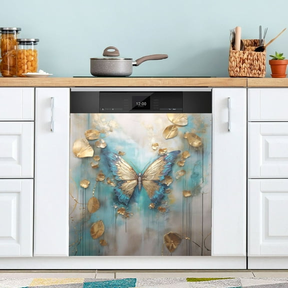 Butterfly Leaves Gold Dishwasher Magnetic Covers Magnet Sticker Kitchen Decor Dishwasher Refrigerator Front Door Covers Decorative Magnetic 23" x 26"
