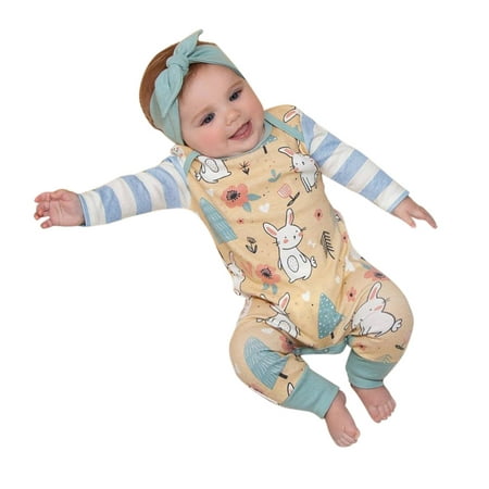 

DNDKILG Infant Baby Toddler Rabbit Print with Headband Set Cartoon Jumpsuit for Girl Boy Long Sleeve Clothes Romper Yellow 3M-24M