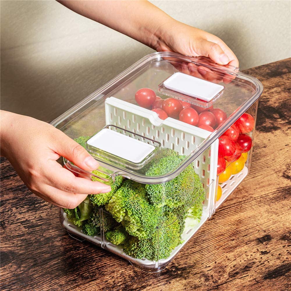 Fridge Produce Saver Storage Vegetable Fruit Containers Food Produce Saver Container Stackable Refrigerator Organizer Bins Fresh Keeper Drawers Organizer, Set of 4