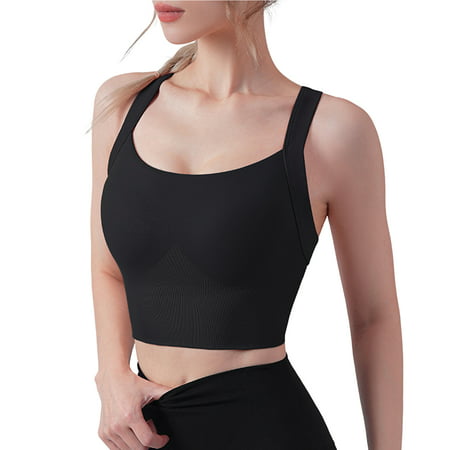 

harmtty Lady Vest Cross Hollow Out Tight Shockproof Stretchy Low-cut Sleeveless Back Closure Padded Women Sports Bra for Jogging Black