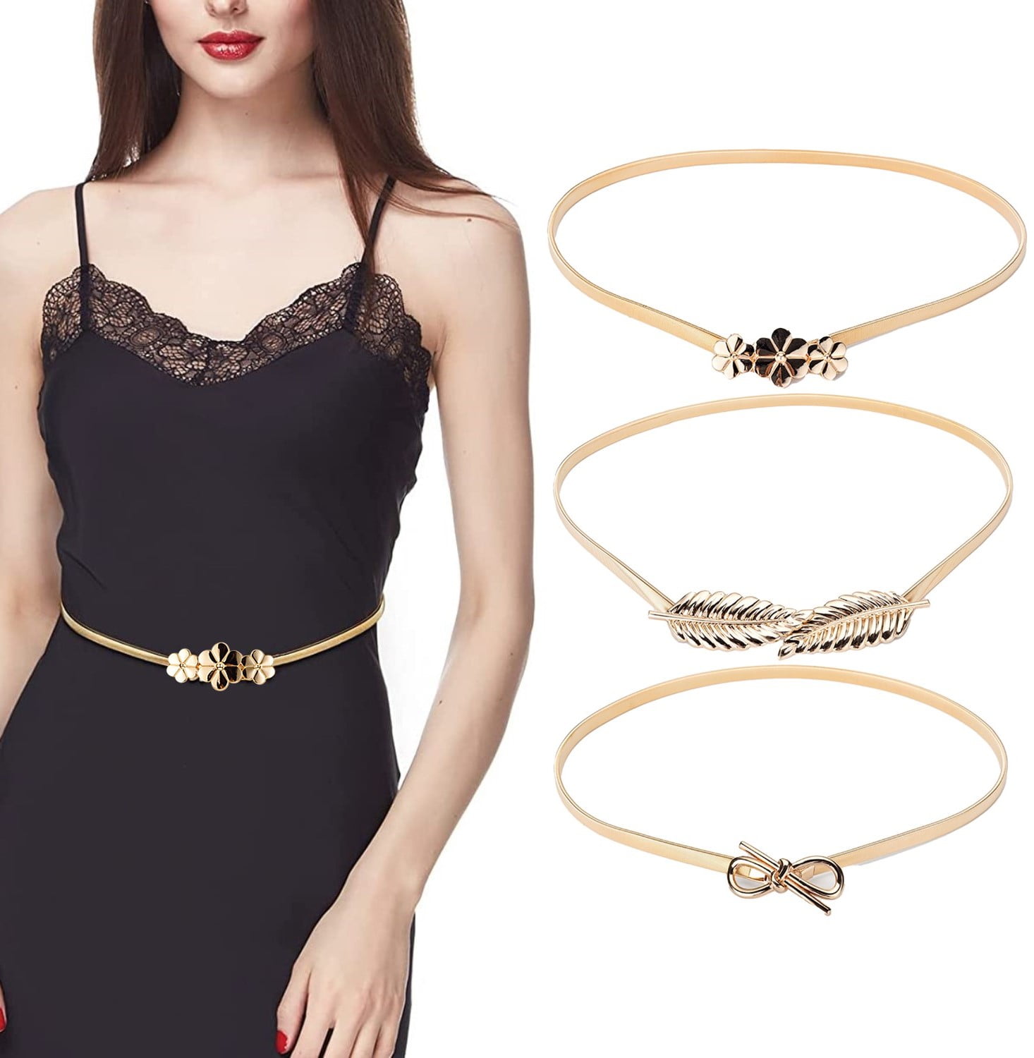 Bodychum Women's Metal Cinch Belt Fashion Stretch Gold Waistband Slim  Elastic Waist Belts Skinny Chain Flower Belt for Dresses- Christmas Gifts  for