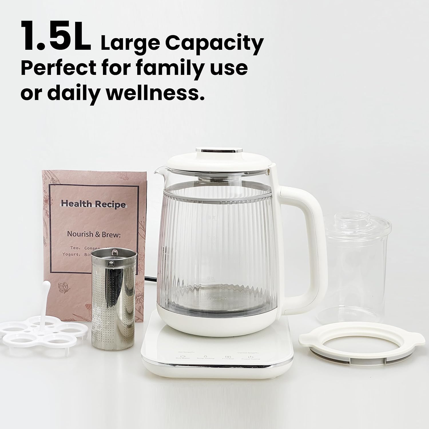 Double-Layer Electric Kettle 1.5L with Stew Pot, 9-in-1 Glass Tea Maker, Programmable Touch Panel, Stainless Steel Base for Soup Porridge Herbal Tea, White