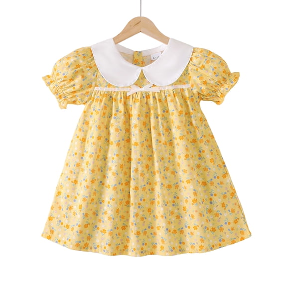 18 Months Baby Girls Dress 24 Months Girls Short Sleeve Dress Peter-Pan Collar Bubble Sleeve Toddler Girls Summer Floral Dress Yellow