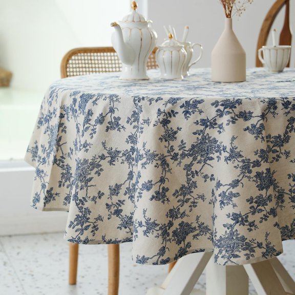 Pastoral Round Tablecloth - 60 Inch Dia. Table Cloth - Washable Table Cover with Dust-Proof Wrinkle Resistant for Restaurant, Picnic, Indoor and Outdoor Dining, Floral (Dark Blue)