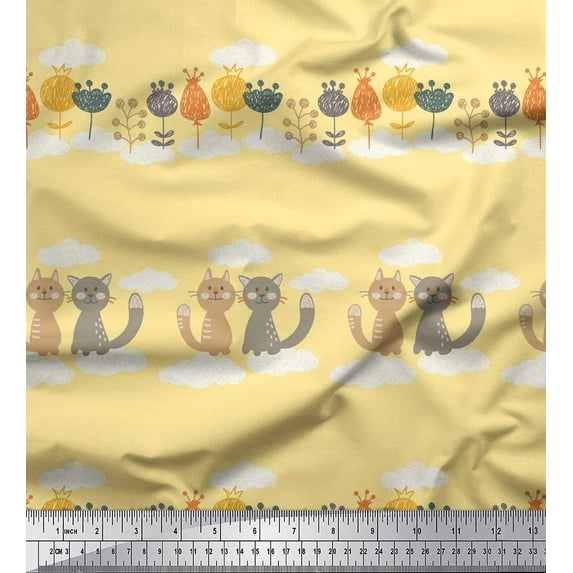 Soimoi Cotton Duck Fabric Floral,Clouds & Cat Kids Print Fabric by The Yard 42 Inch Wide