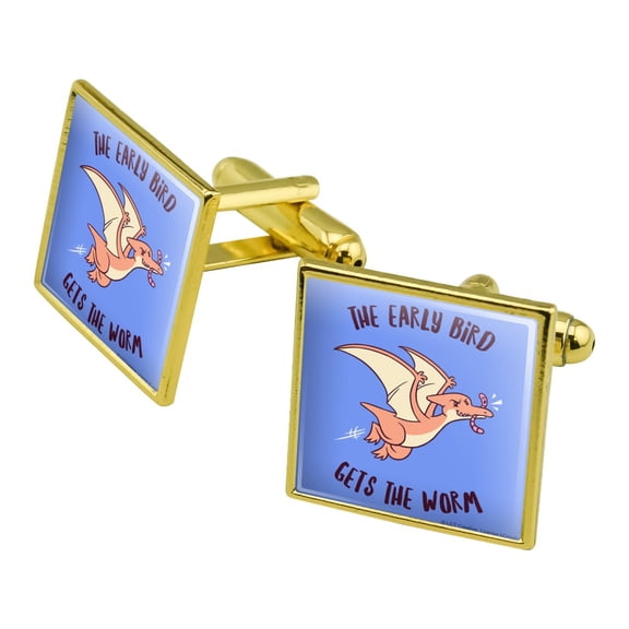 The Early Bird Gets the Worm Funny Humor Square Cufflink Set - Silver or Gold
