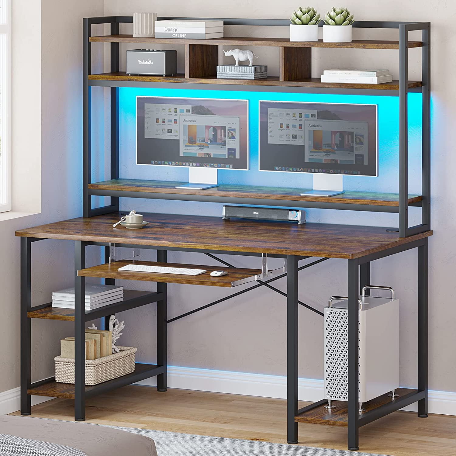 SEDETA Computer Desk, Gaming Desk with LED Lights and Hutch, Computer