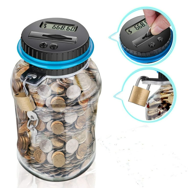 Digital Coin Bank, HeQiao Clear LCD Piggy Bank Simple Auto Counting Large  Money Box Coins Savings Jar for US Coins (Silver) 