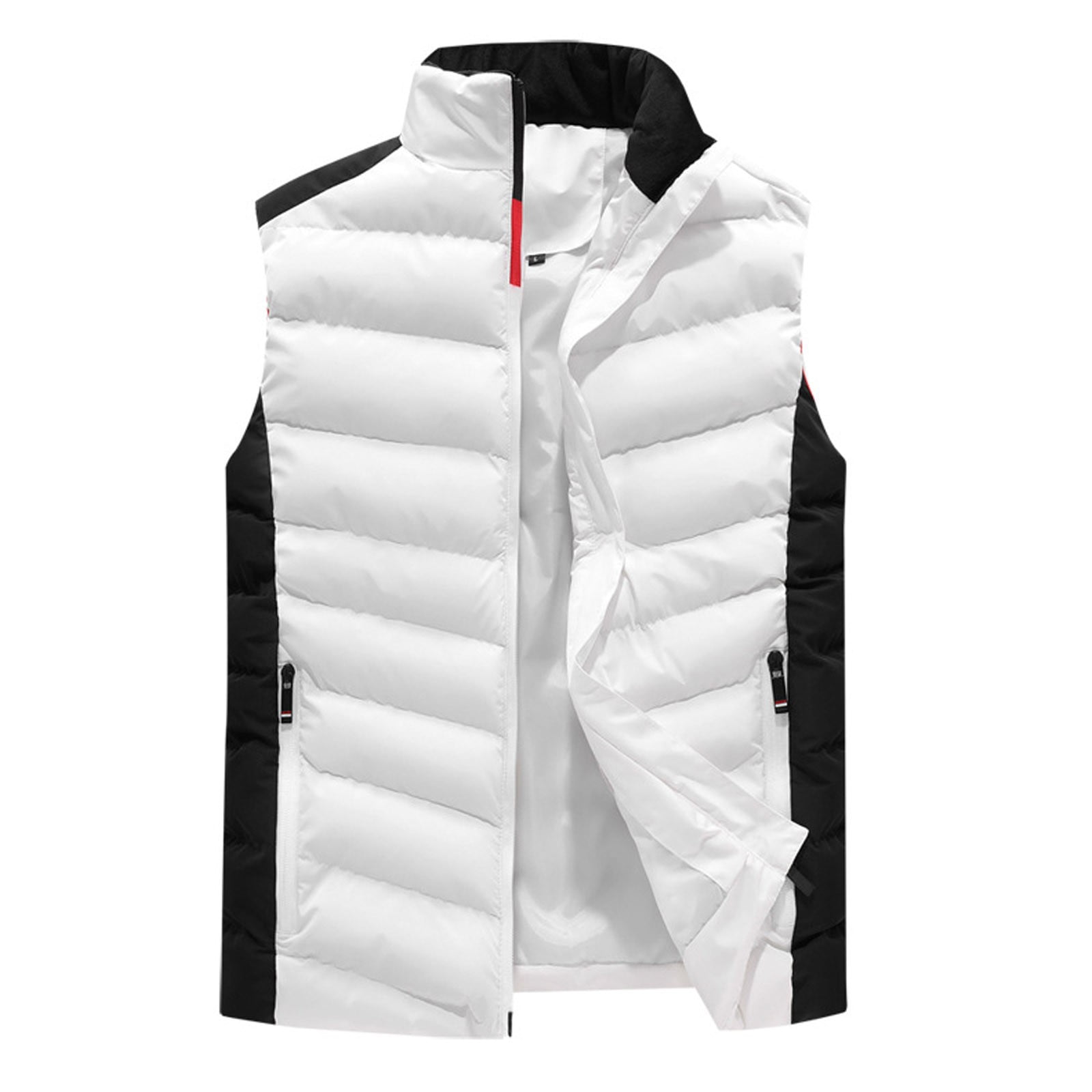 White Men's Warm Vest Men's Zip Cardigan High Collar Vest With Pocket
