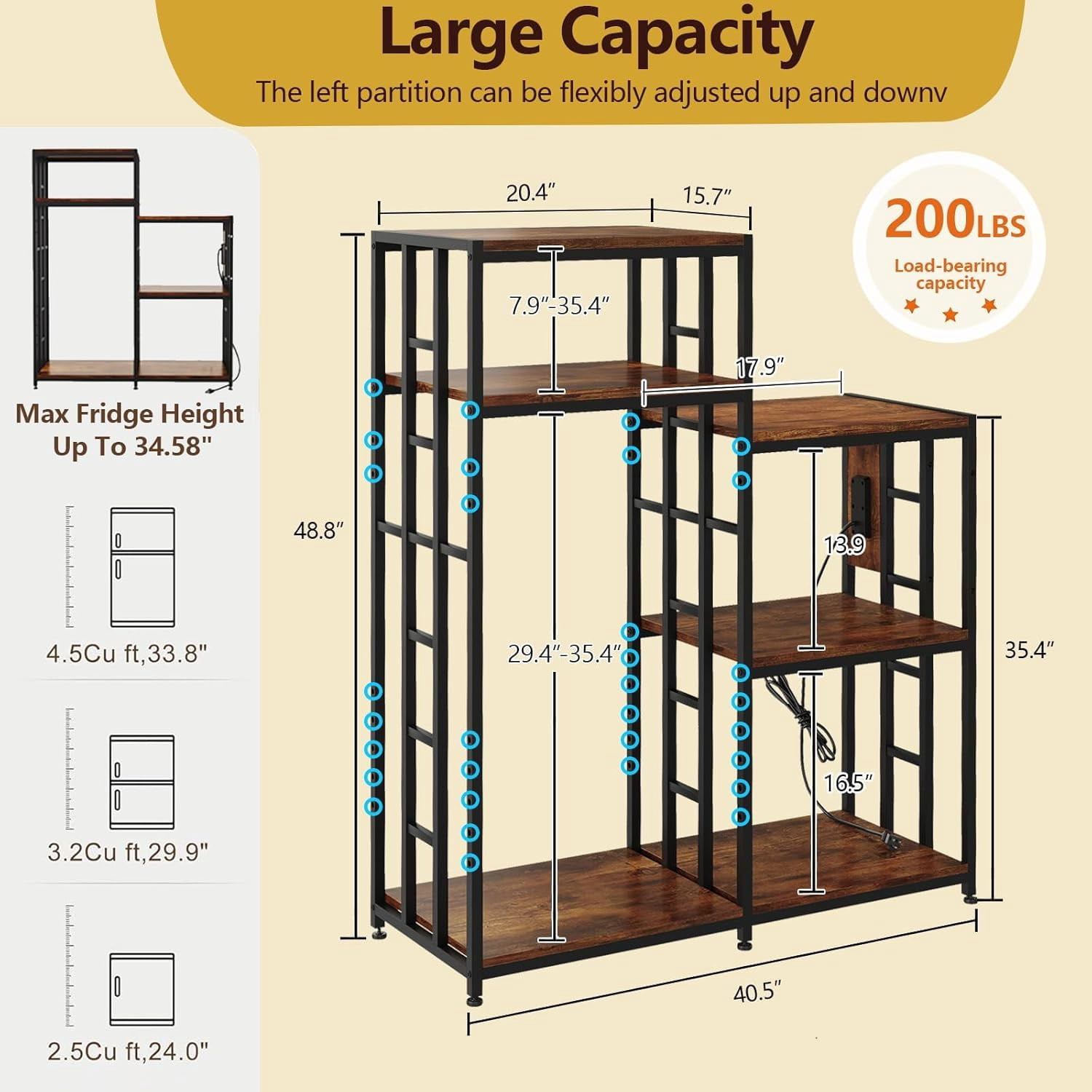 6-Tier Adjustable Mini Fridge Stand with Storage Shelf, Heavy Duty Kitchen Rack with 3 Power Outlets & Air Switch, Microwave and Coffee Bar Organizer, 360lbs Capacity for Dorm, Apartment