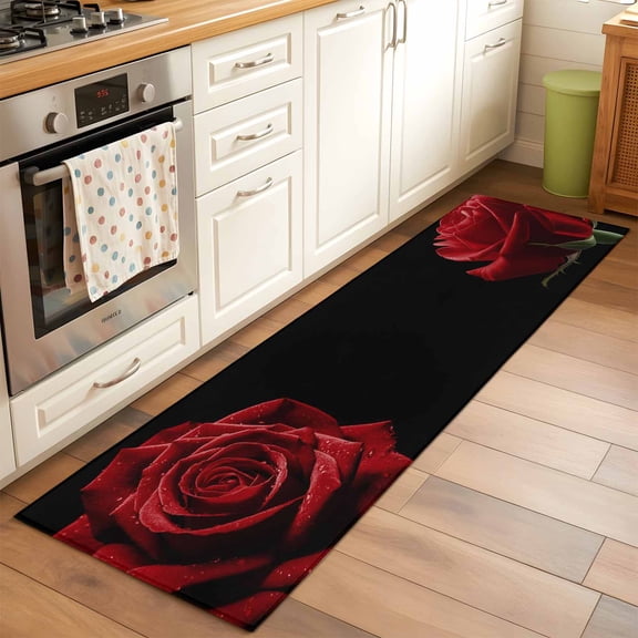 Red Rose Runner Rug 2x6 FT, Non Slip Hallway Carpet, Vintage Abstract Garden Flower Floral Black Washable Soft Floor Carpet Throw Runner Carpet Long Rug for Entryway Kitchen Bedside Sliding Door