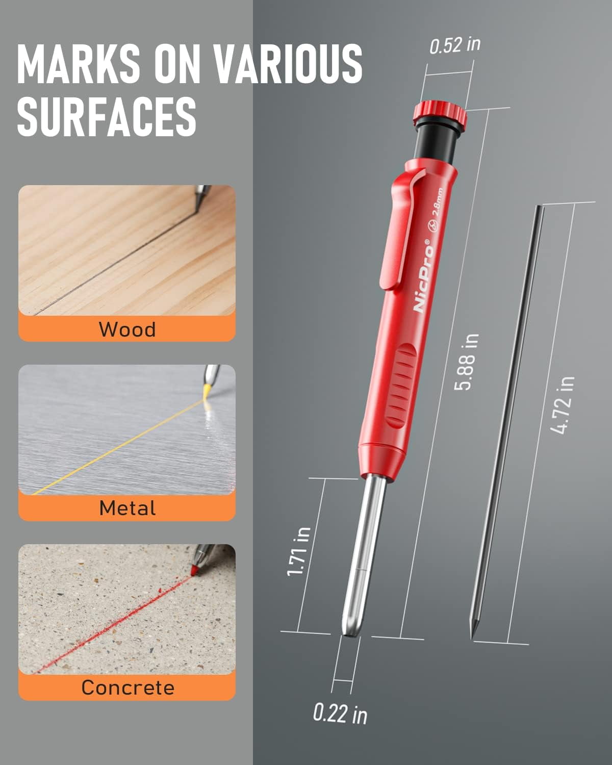 Carpenter Pencil with Sharpener, Mechanical Pencils Set 26 Refills, Deep Hole Marker for Construction, Heavy Duty Woodworking Tools Architect (Black, Red) - With Case