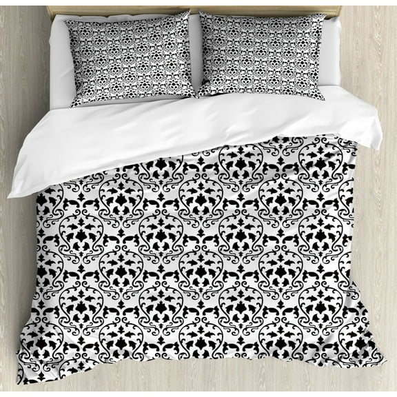 Abstract Duvet Cover Set Queen Size, Rhythmic Damask Motifs Ivy Botany Adornments Print on Plain Background, Decorative 3 Piece Bedding Set with 2 Pillow Shams, White Charcoal Grey, by Ambesonne