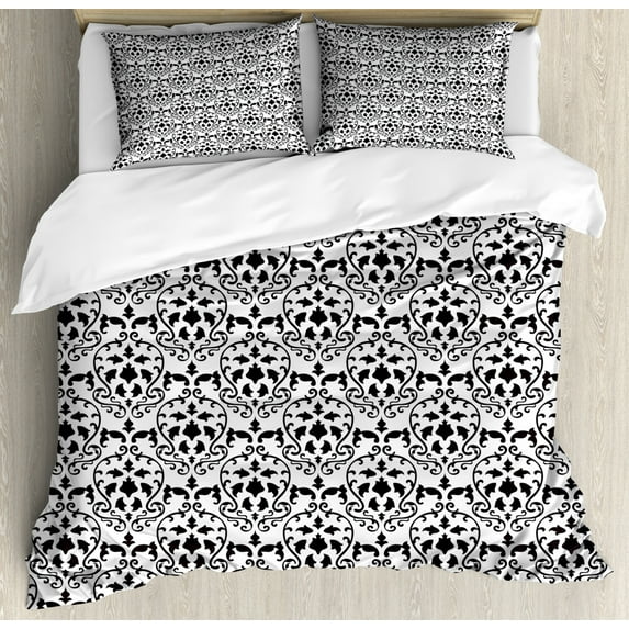 Abstract Duvet Cover Set King Size, Rhythmic Damask Motifs Ivy Botany Adornments Print on Plain Background, Decorative 3 Piece Bedding Set with 2 Pillow Shams, White Charcoal Grey, by Ambesonne