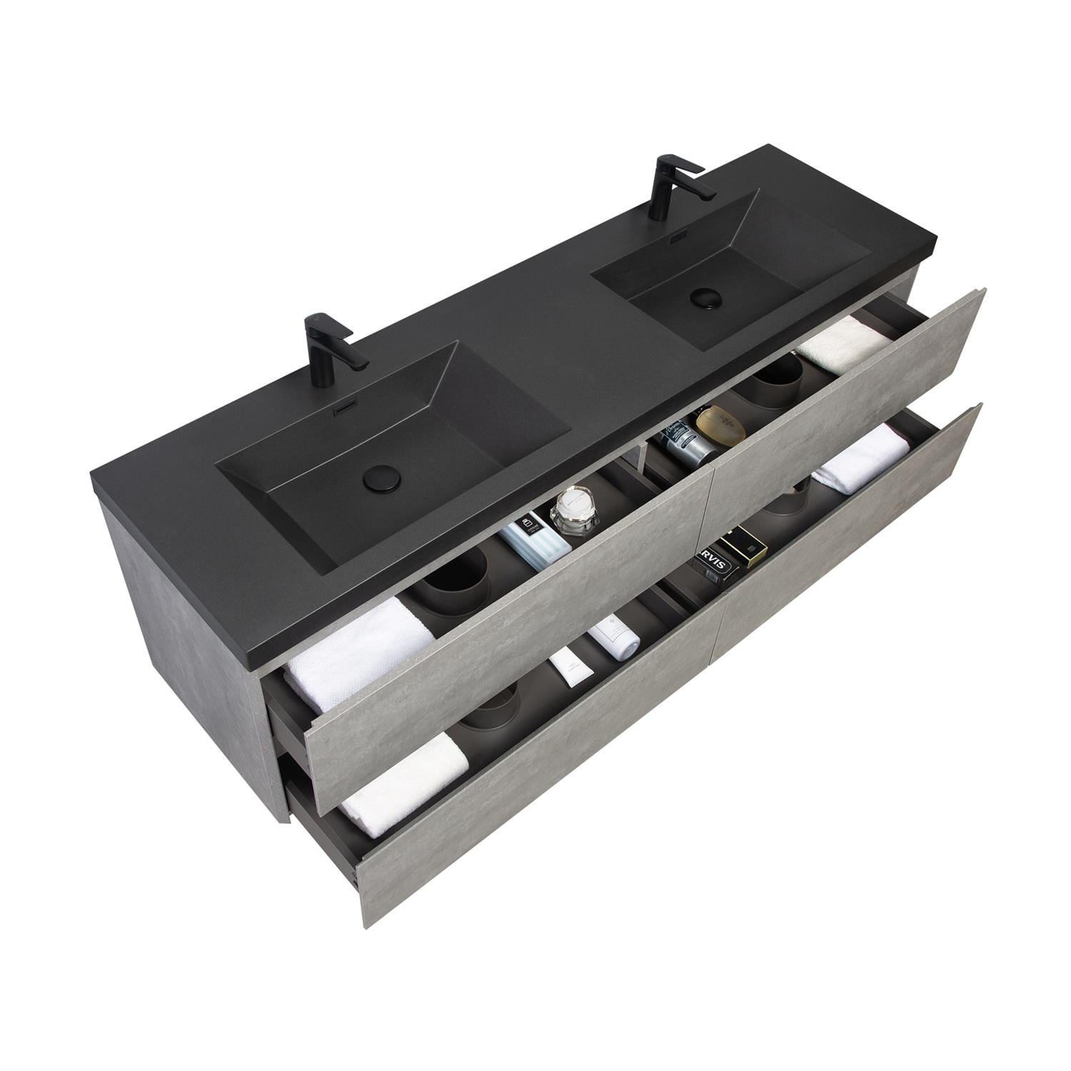 Demi Bonn 70" Floating Bathroom Vanity with Sink, Double Black Quartz Sand Top Basin and 4 Soft Close Drawers, Faucets and Drains Not Included, Gray