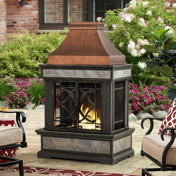 Cheminée d'extérieur à bois en acier Sunjoy, foyer de patio en carrelage aspect pierre avec foyer, pare-étincelles, tisonnier, protection contre la pluie et grille amovible, cuivre avec carrelage gris
