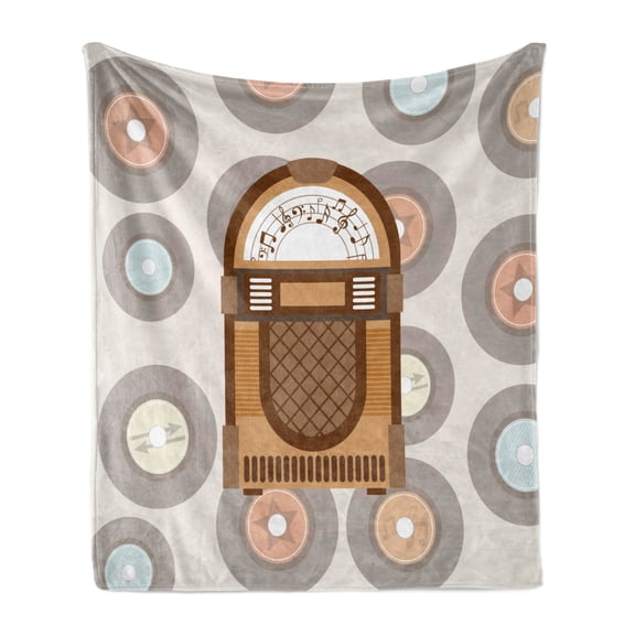 Jukebox Soft Flannel Fleece Throw Blanket, Pick up Music with Vintage Abstract Long Players Backdrop, Cozy Plush for Indoor and Outdoor Use, 70" x 90", Pale Coffee Brown, by Ambesonne