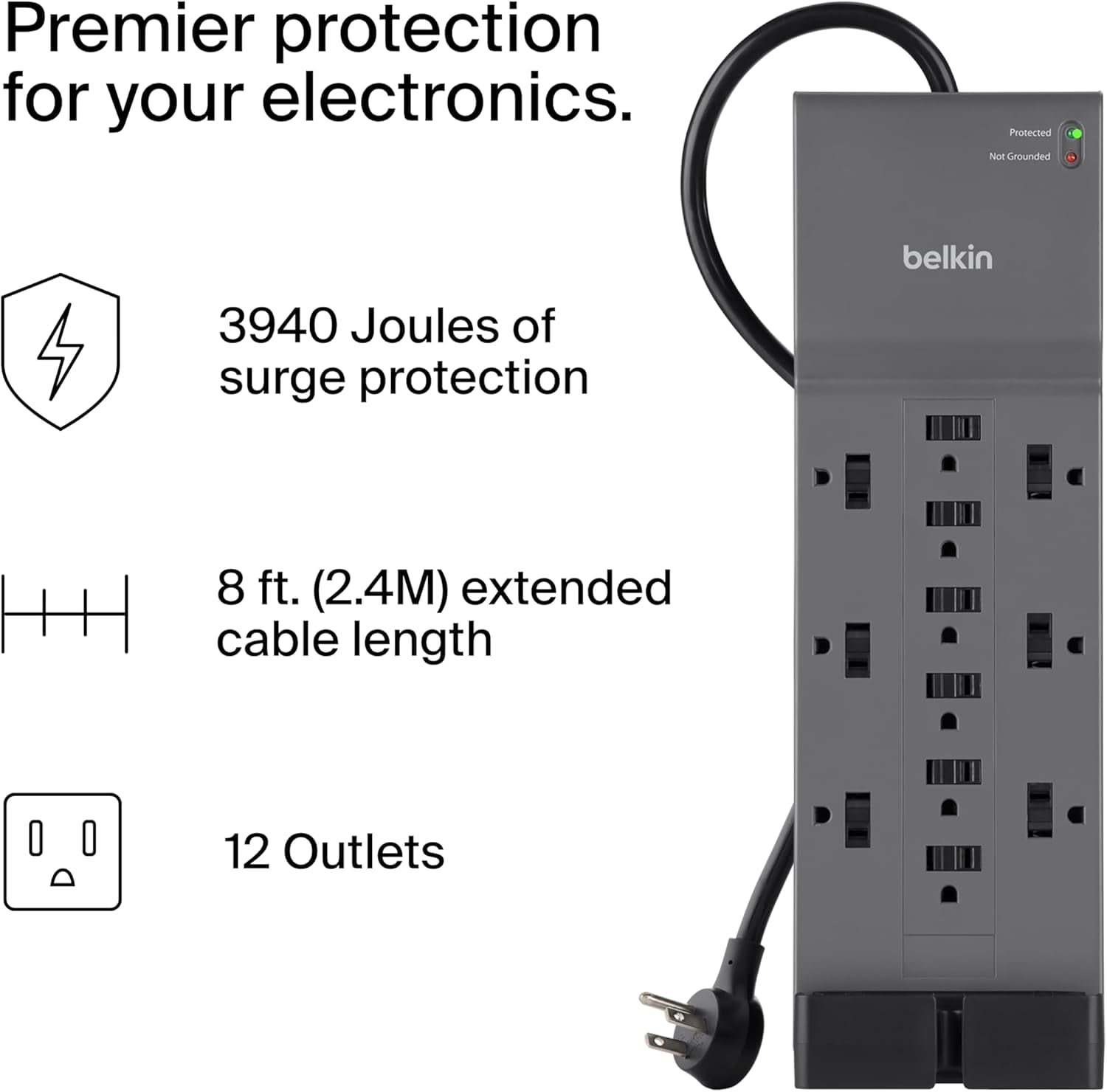 Belkin 12-Outlet Surge Protector Power Strip w/ 12 AC Outlets & 8ft Flat Plug, UL-Listed Heavy-Duty Extension Cord for Home, Office, Travel, Computer, Laptop, Charger - 3,780 Joules of Protection