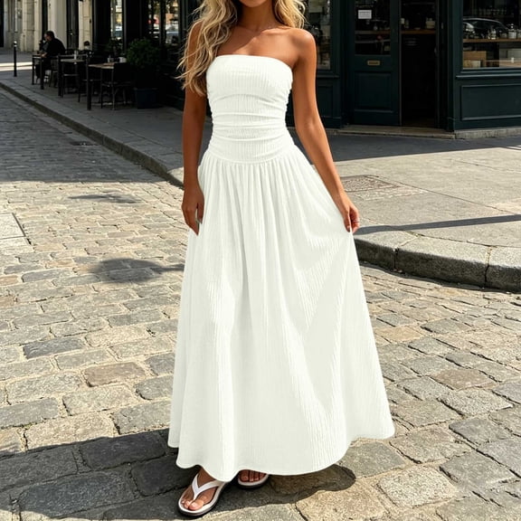 Blmnix Ladies Dresses Strapless Dress Corset Dress Off The Shoulder Tent Dresses Sleeveless Maxi White Boat Neck Adjustable Waist Going Out Dress M