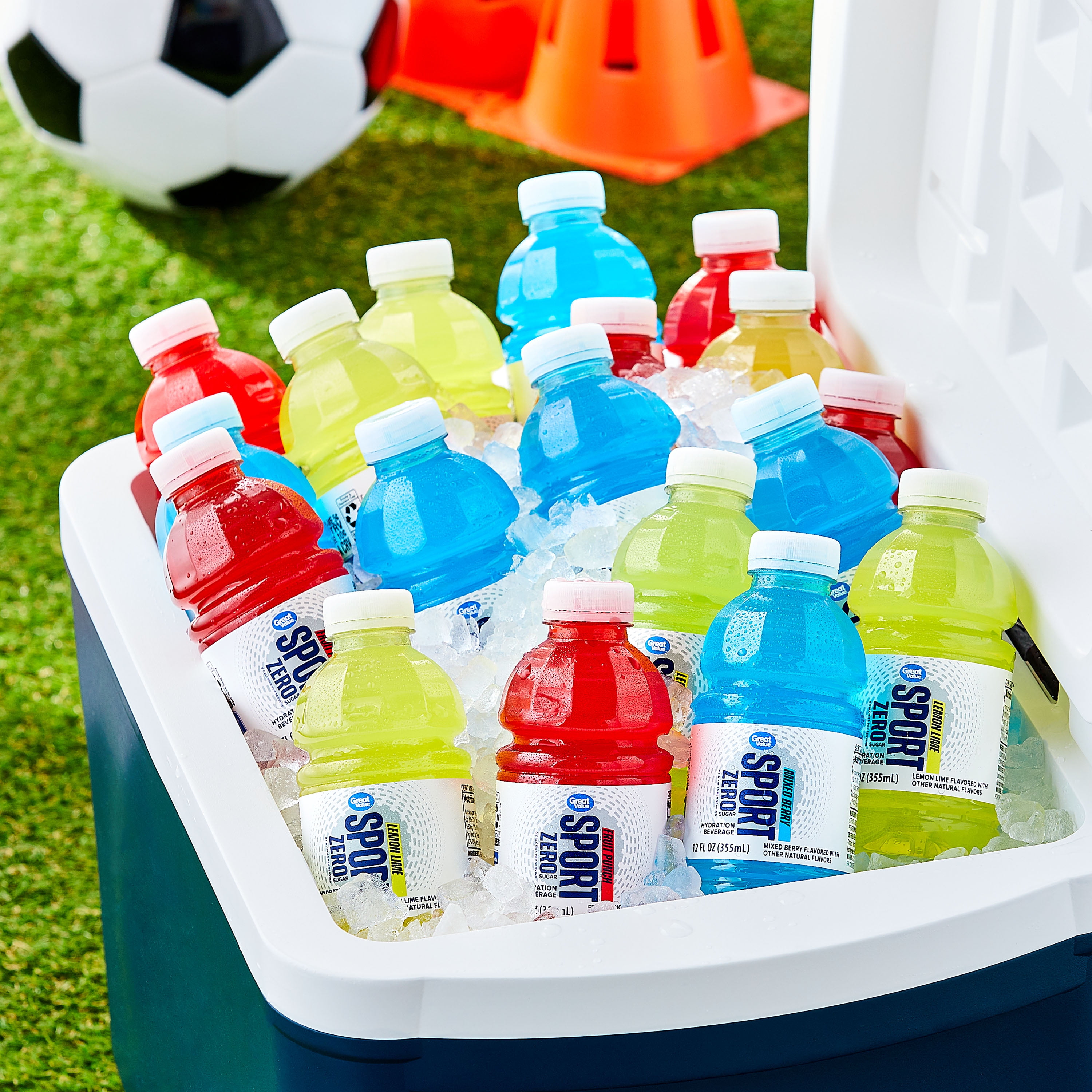 Great Value Zero Sugar Sport Hydration Beverage Variety Pack, Fruit Punch/Lemon Lime/Mixed Berry, 12 fl oz, 18 Bottles