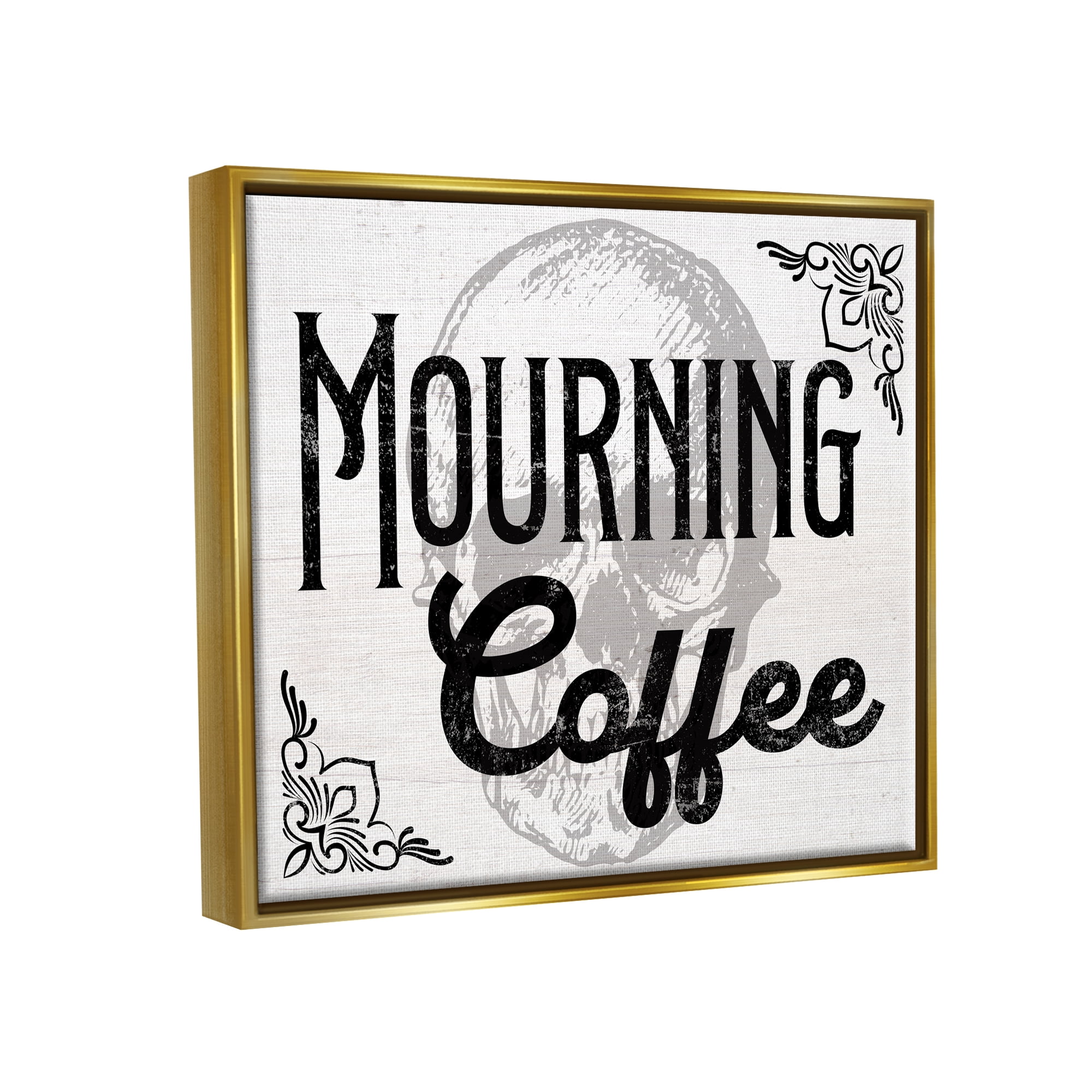 Stupell Industries Mourning Coffee Skull Holiday Painting Gold Floater Framed Canvas Art Print Wall Art, 21 x 17