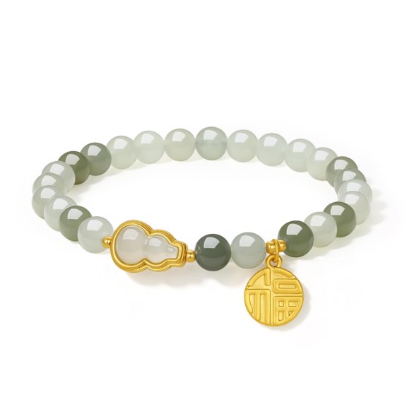 ZHOU LIU FU 24K Gold Green Jade Bead Bracelet Pure Gold Elastic Fortune Bracelet Stretchable Real Gold Green Jade Bead Bracelet for Women (Fortune Plate with Gourd) Y1911746