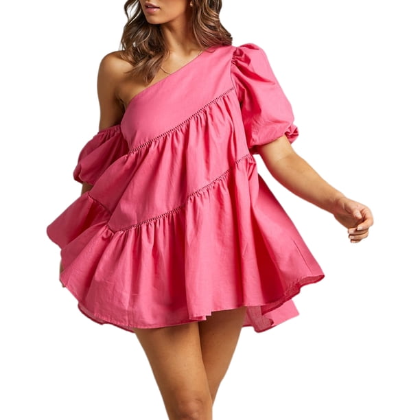 Vestido Con Hombros Descubiertos Mini vestido acampanado para mujer, vestido corto suelto con dobladillo asimétrico, vestido diario para ir al trabajo Ygjytge Rosa Roja S para Mujer