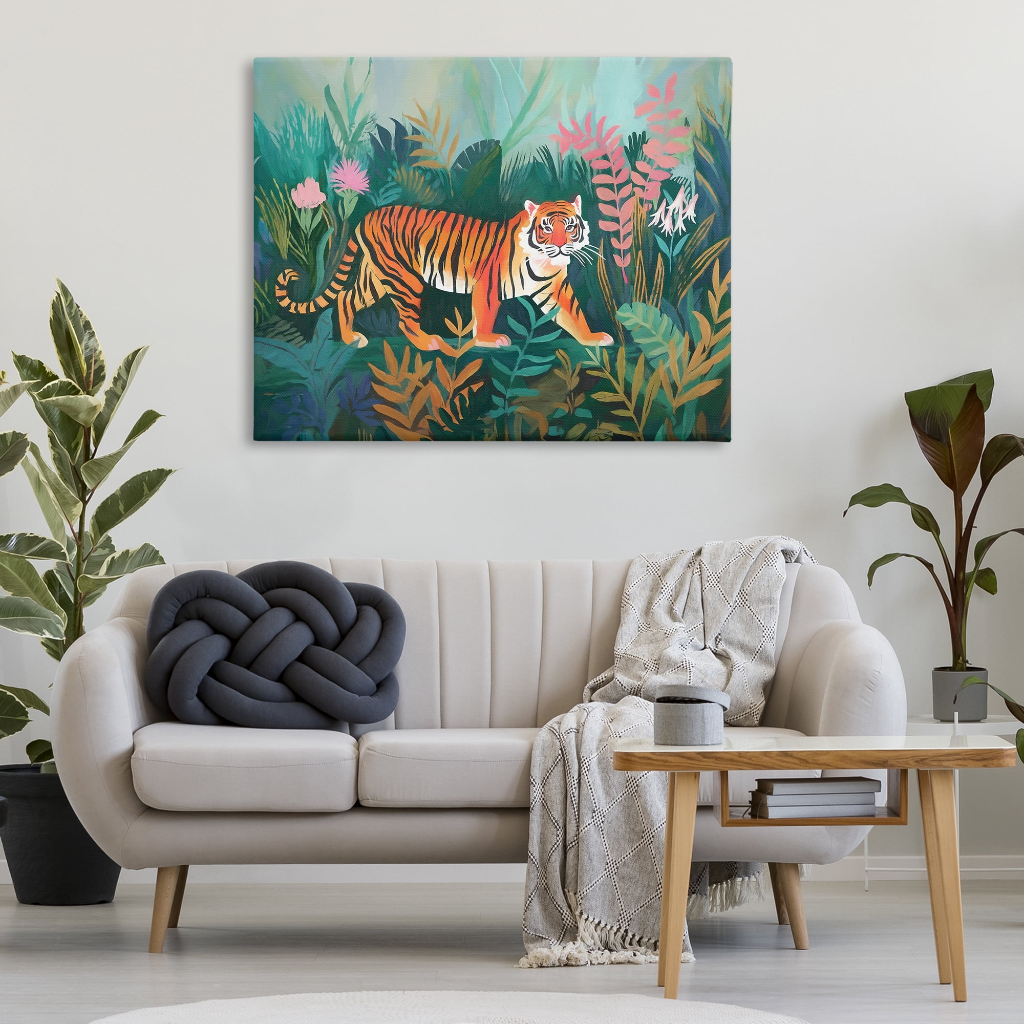 Stupell Industries Tiger in Jungle Leaves Animals & Insects Painting Gallery Wrapped Canvas Art Print Wall Art, 48 x 36