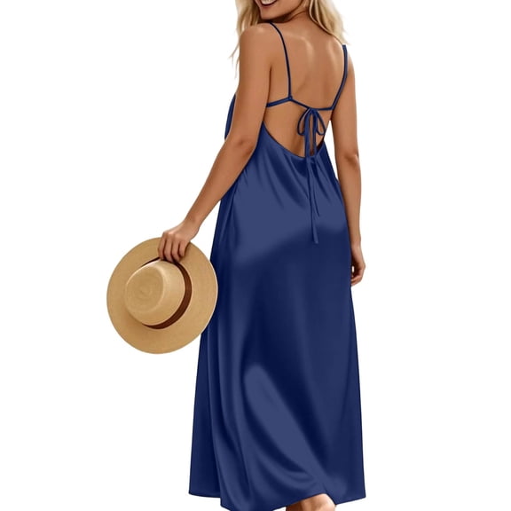 IUYRTFE Women's Silky Satin Open Back Spaghetti Strap Maxi Dress Tie Back Loose Fit Summer Sleepwear Nightgown