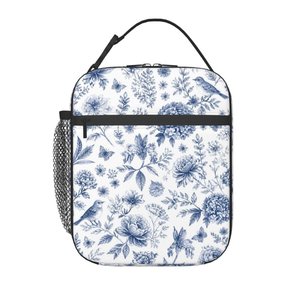 Blue Floral Bird Lunch Bag Reusable Thermal Lunch Box with Handle for Women and Men