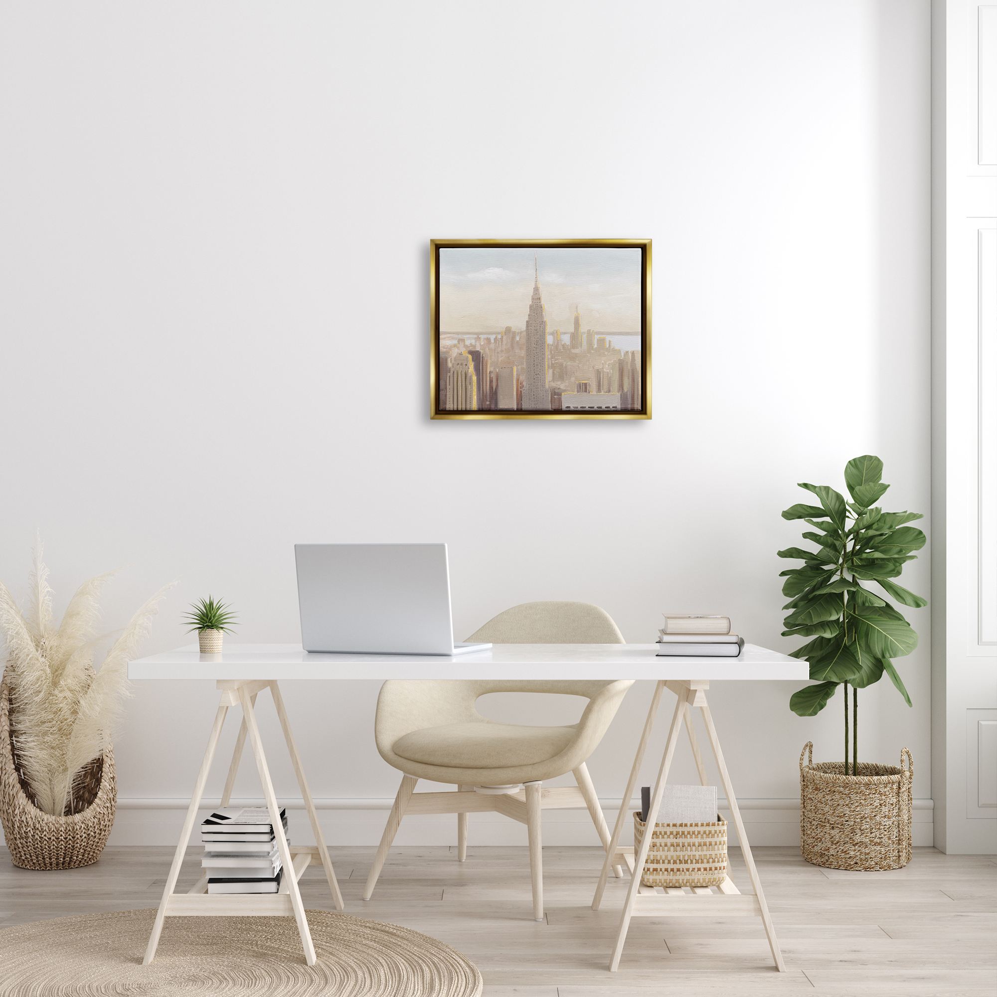 Stupell Industries Manhattan Dawn Painting Travel & Places Painting Gold Floater Framed Art Print Wall Art, 21 x 17