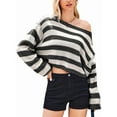 thumbnail image 3 of Women'S Long Sleeve Striped Oversized One Shoulder Loose Fit Casual Baggy Short Pullover Sweater Black S, 3 of 8