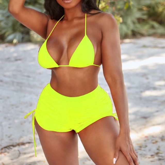 CEHVOM Ladies Two-Piece Set Of Bikini Split Boxer Swimwear With Chest Pads And No Steel Support Solid Color Straps