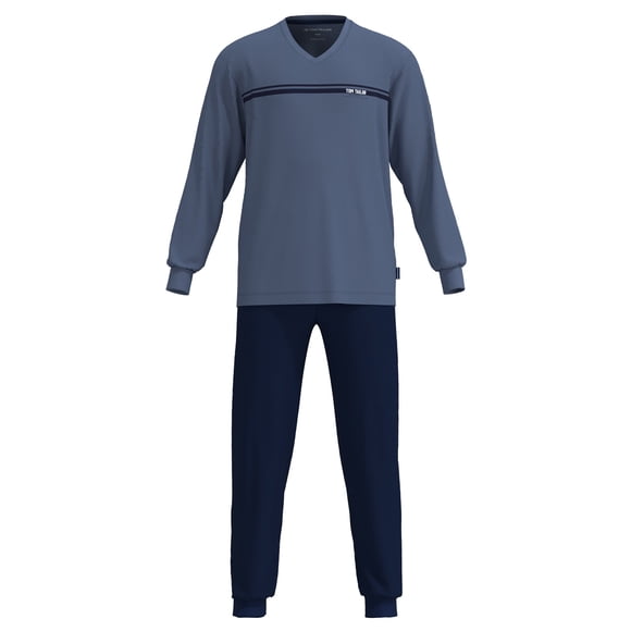 TOM TAILOR Pijama largo para hombre, con puños, cuello en V y tejido de punto liso Azul L (Large)