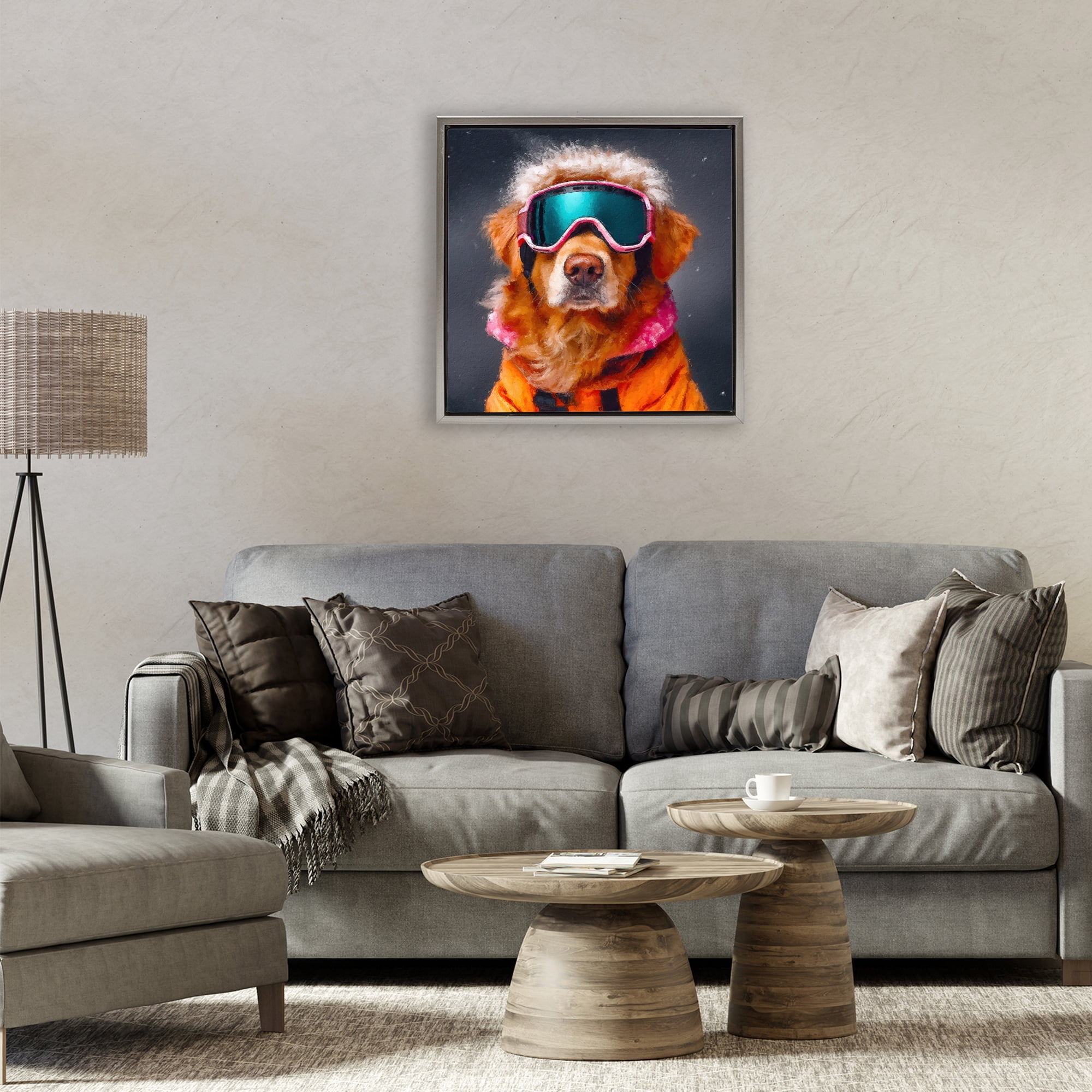 Ski Dog with Goggles Gray Framed Floater Canvas Wall Art, design by Sean Parnell