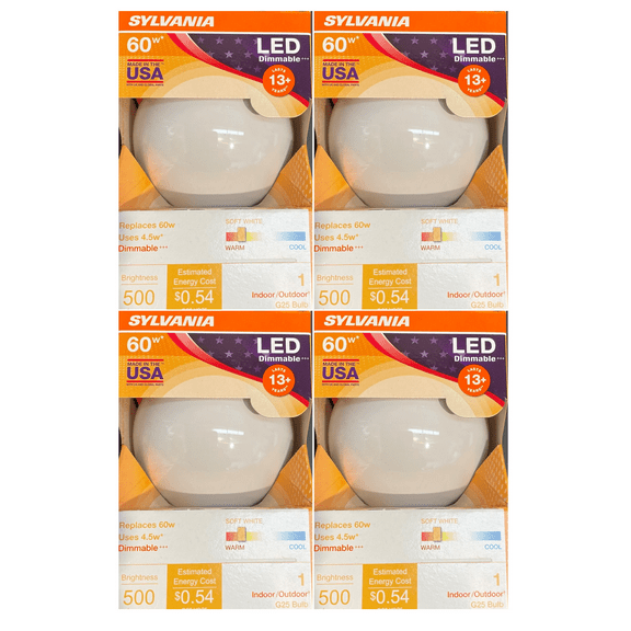 (4 bulbs) Sylvania 40472 LED Frosted Glass Globe, 60 watt equivalent, G25 Medium Base LED Light Bulb Made in the USA