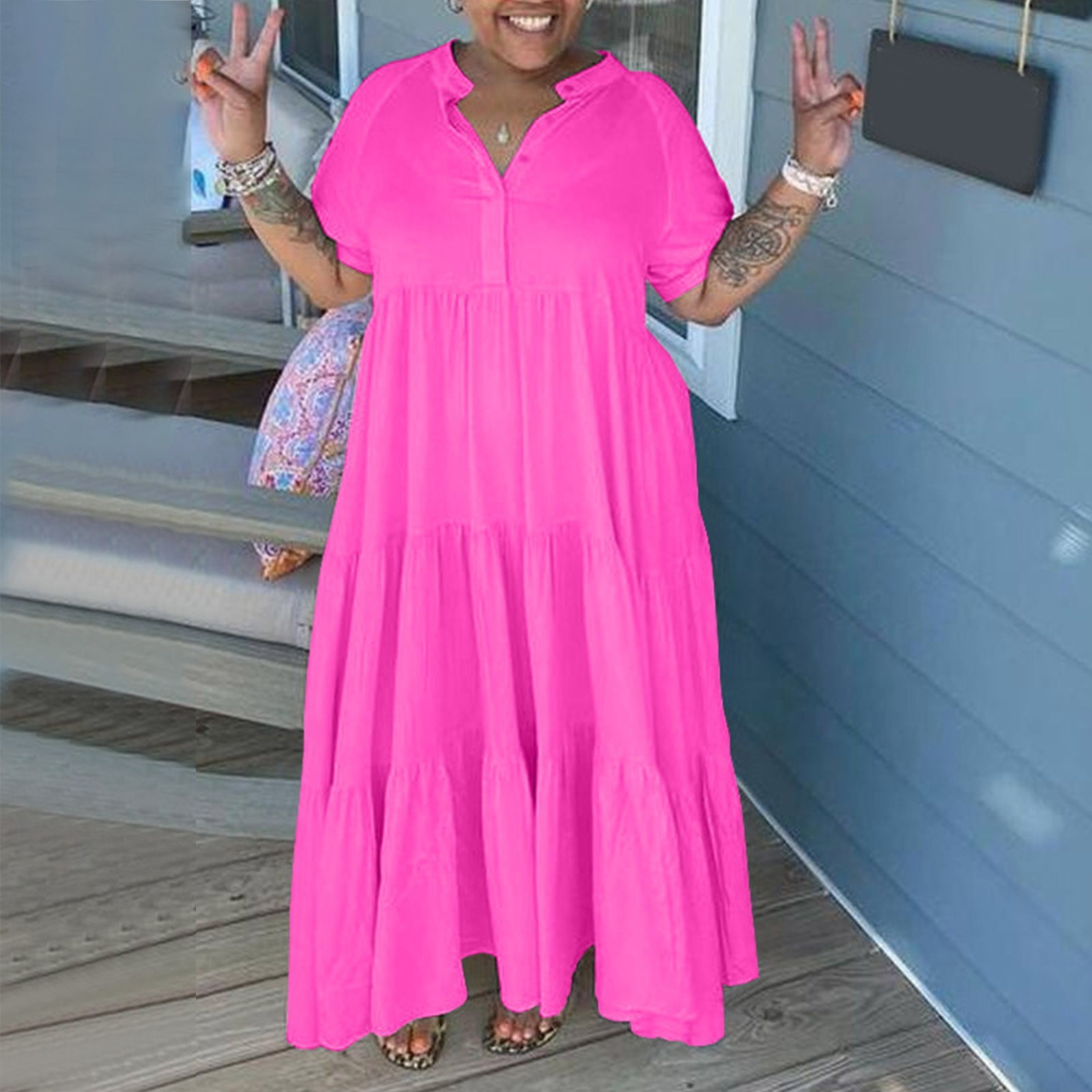 Plus Size Dress Plus Size Womens Fashion Casual Button Down Lapel Dress Pink  - Walmart.com