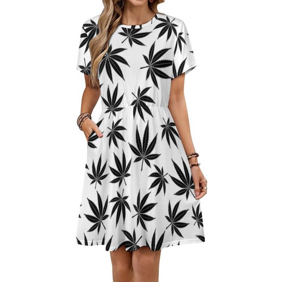 Weed Pattern Short Sleeve Dress Women Summer Evening Dresses Ladies Sundress