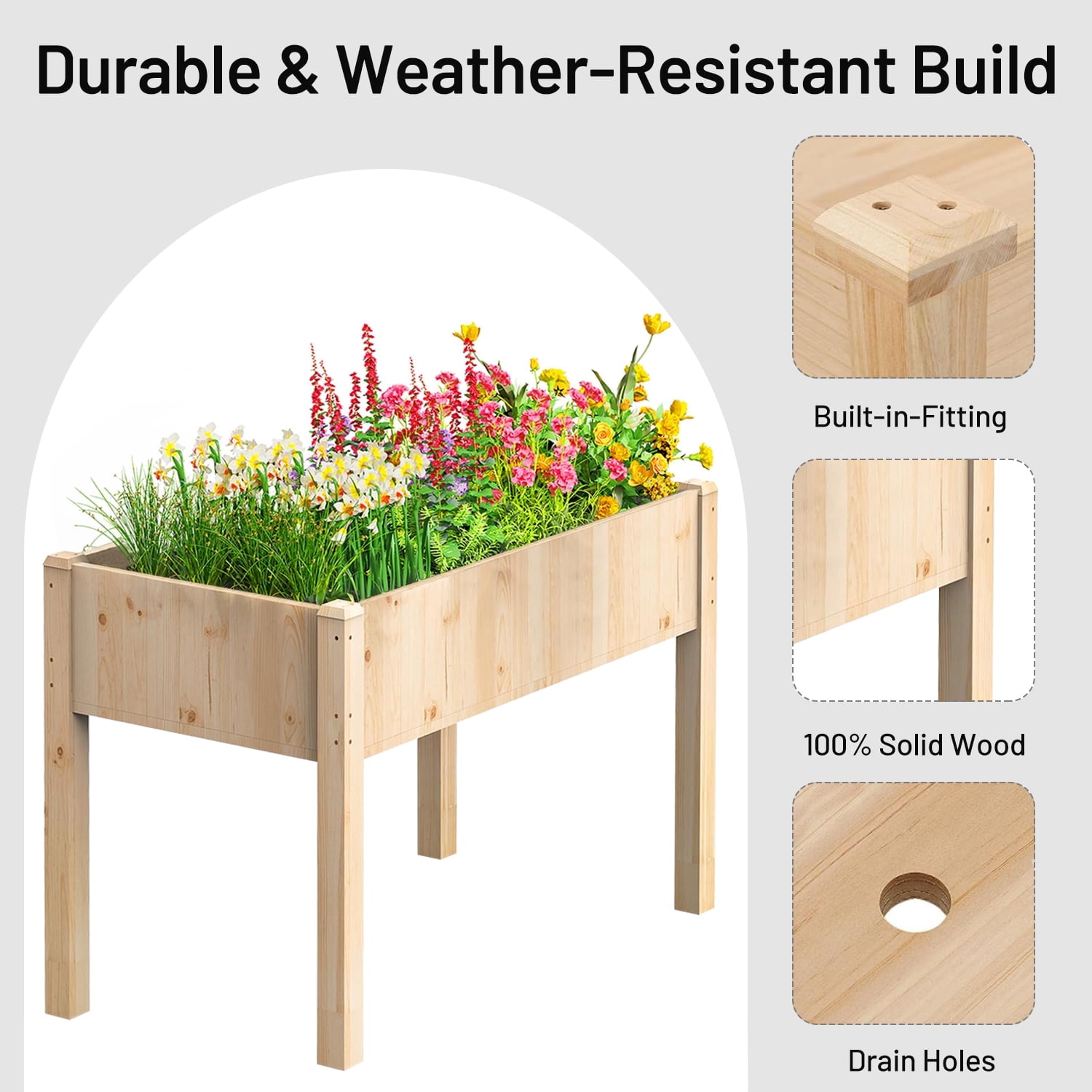 Beddle Outdoor Wood Raised Garden Bed, Elevated Reinforced Large Planter Box for Vegetable Flower Backyard Patio Gardening Balcony & Bed Liner,72x23x30in, Gray