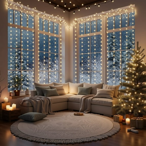 1200 LED Christmas Curtain Lights For Windows Indoor Outdoor,10ft X 10ft Warm White Curtain String Lights,120V Plug In,8 Modes Long Icicle Lights,Timer,Hanging Backdrop Lights