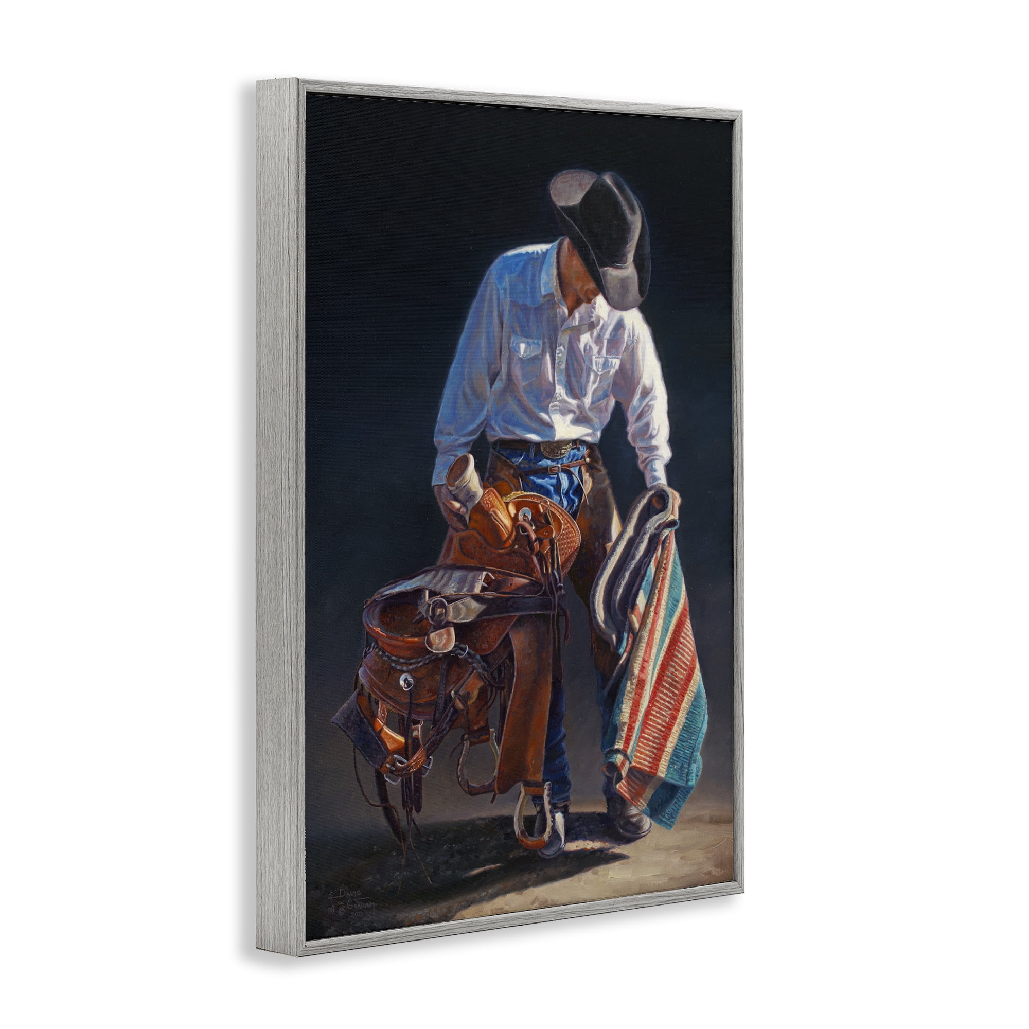 Stupell Industries Stoic Cowboy & Saddle Novelty Painting Gray Framed Art Print Wall Art, 12 x 18