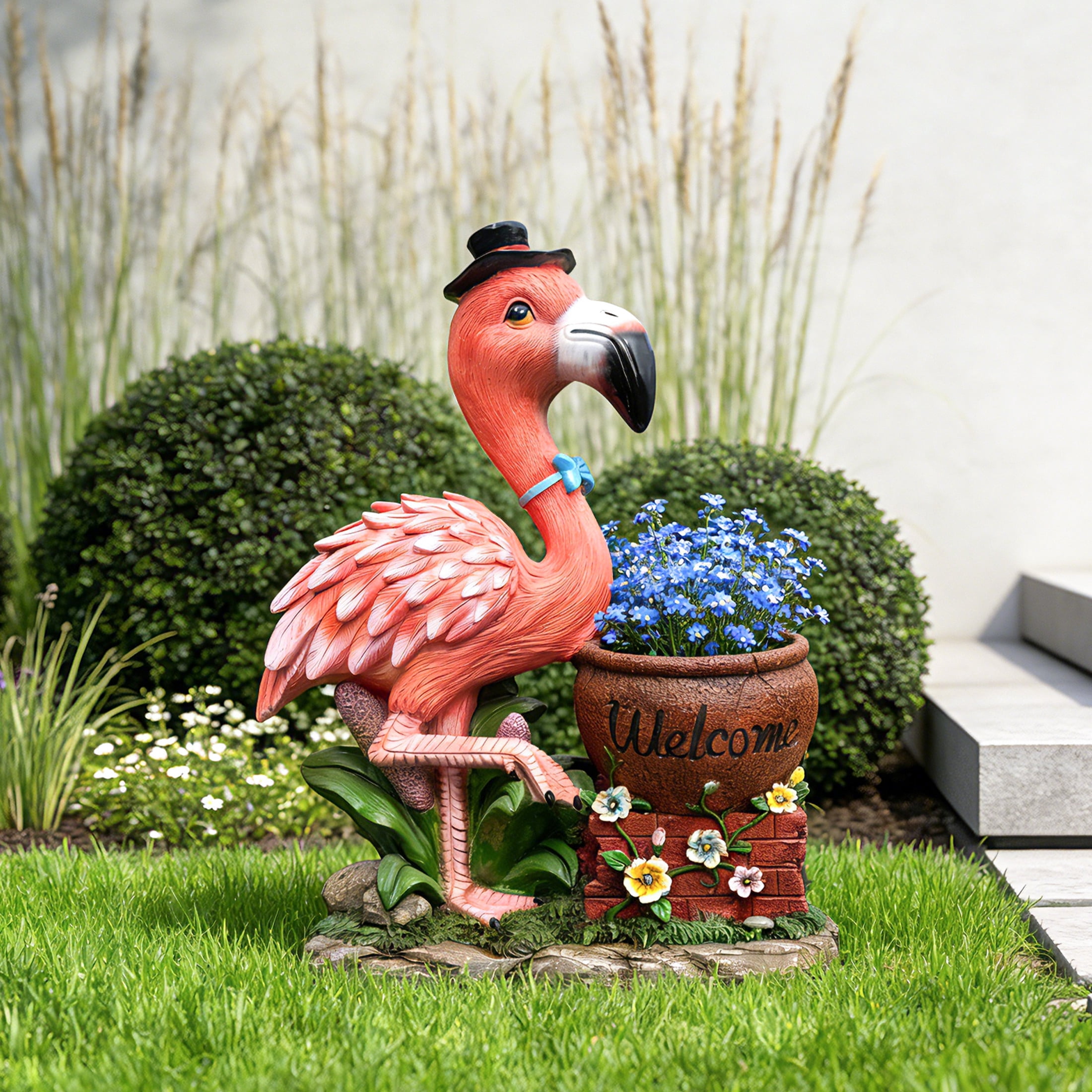 Noble House Black Hat Flamingo Garden Planter Pot, Whimsical Resin Figurine Flower Pot for Outdoor Porch and Yard Decor, Multicolor