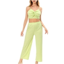 REORIAFEE Women's Two Piece Outfits Casual Set Clubwear Gym Sets Women's Fashion Sexy Summer Casual Sleeveless V Neck Blouses Trousers Two Piece Set Green L