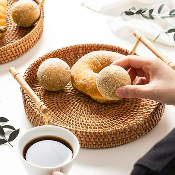 Yirtree Round Tray Bread Basket, Long Woven Tabletop Food Fruit Vegetables Serving Basket, Restaurant Serving, Handmade Food Storage Holder with Handle Drink Snack Basket Organizer